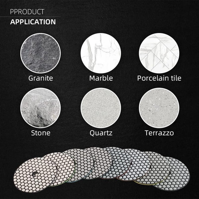 ZFE Diamond Polishing Pads, 9Pcs 4 Inch 100mm Dry Polishing Pads Set with 5/8”-11 Backing Plate for Granite Concrete Marble Quartz Stone Countertop Polishing - Image 5